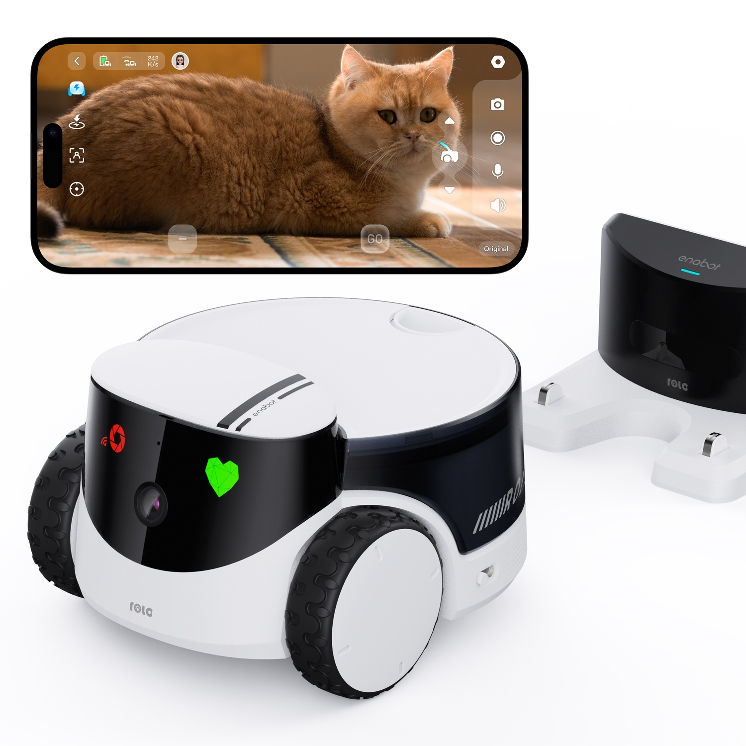 Robot giocattolo con telefono che mostra immagine di gatto e base di ricarica.