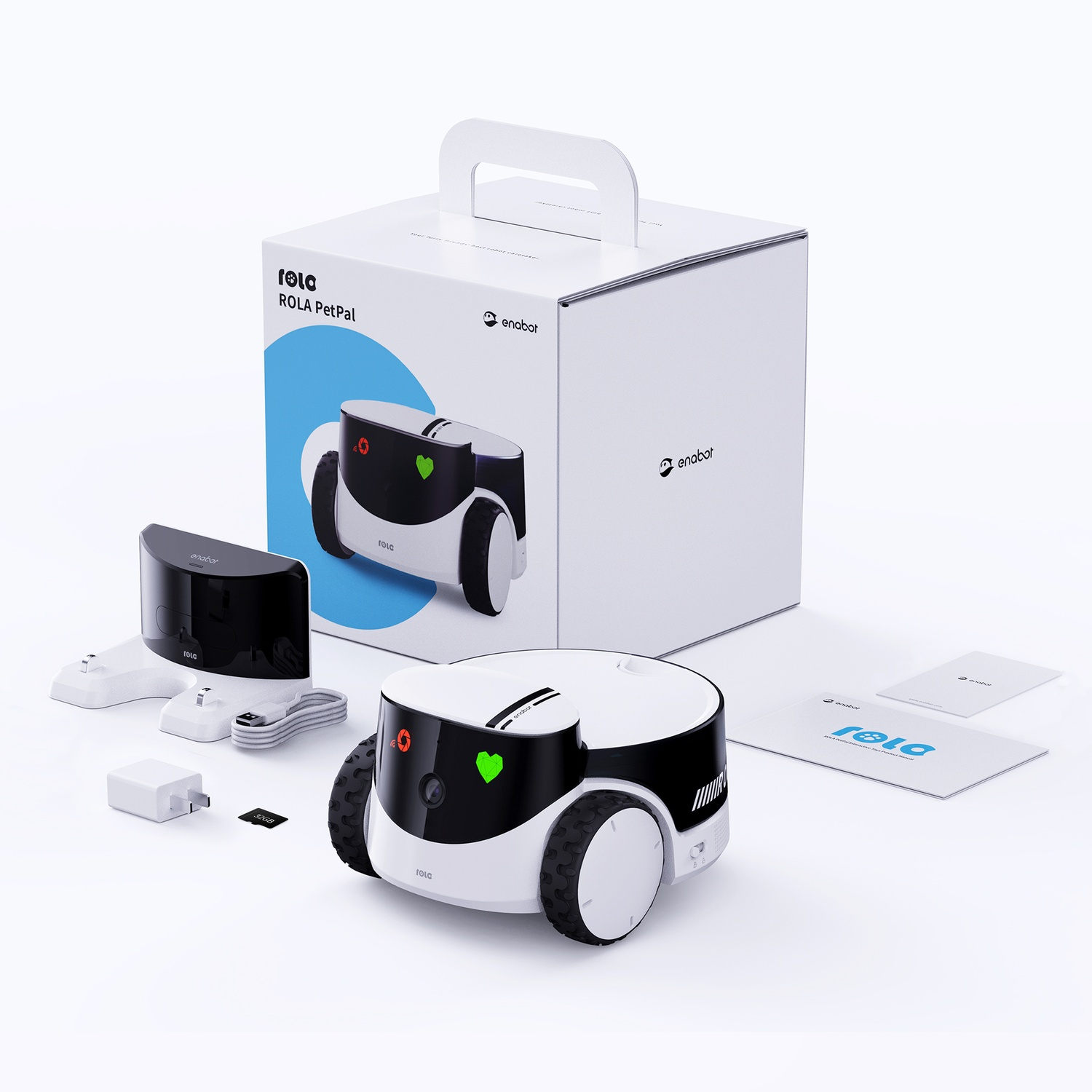 Scatola con robot giocattolo e accessori, con un telefono che mostra l'immagine di un gatto.