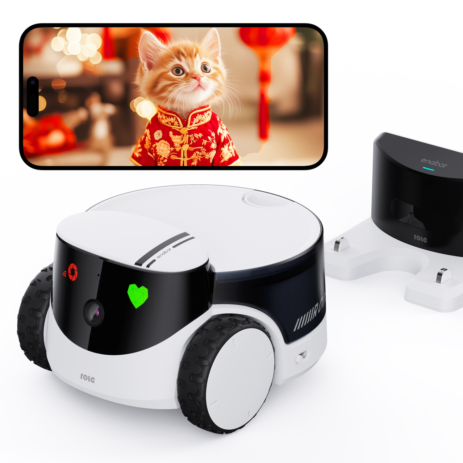 Robot giocattolo con telefono che mostra immagine di gatto, con sfondo rosso.