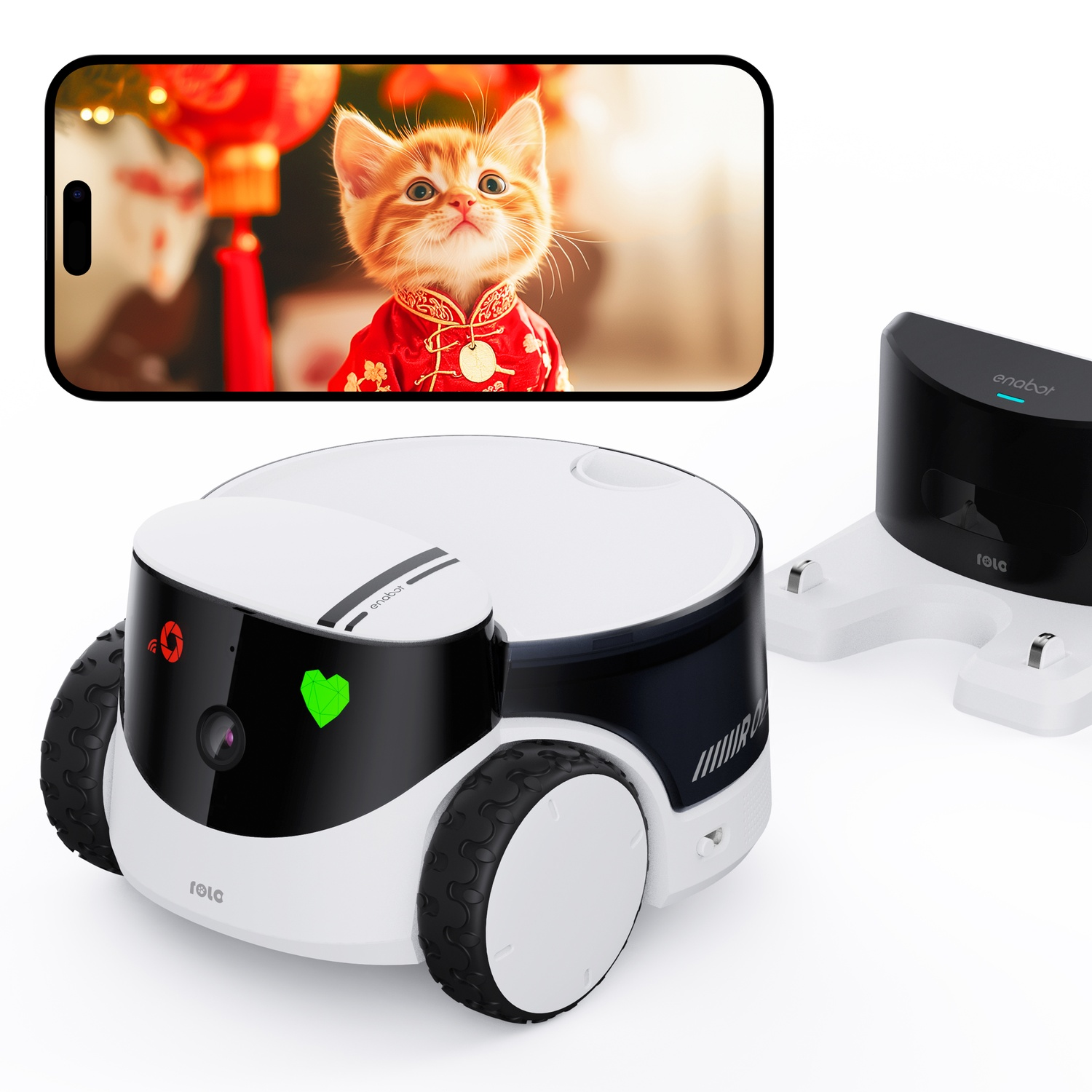 Robot giocattolo con telefono che mostra immagine di gatto, con sfondo rosso.