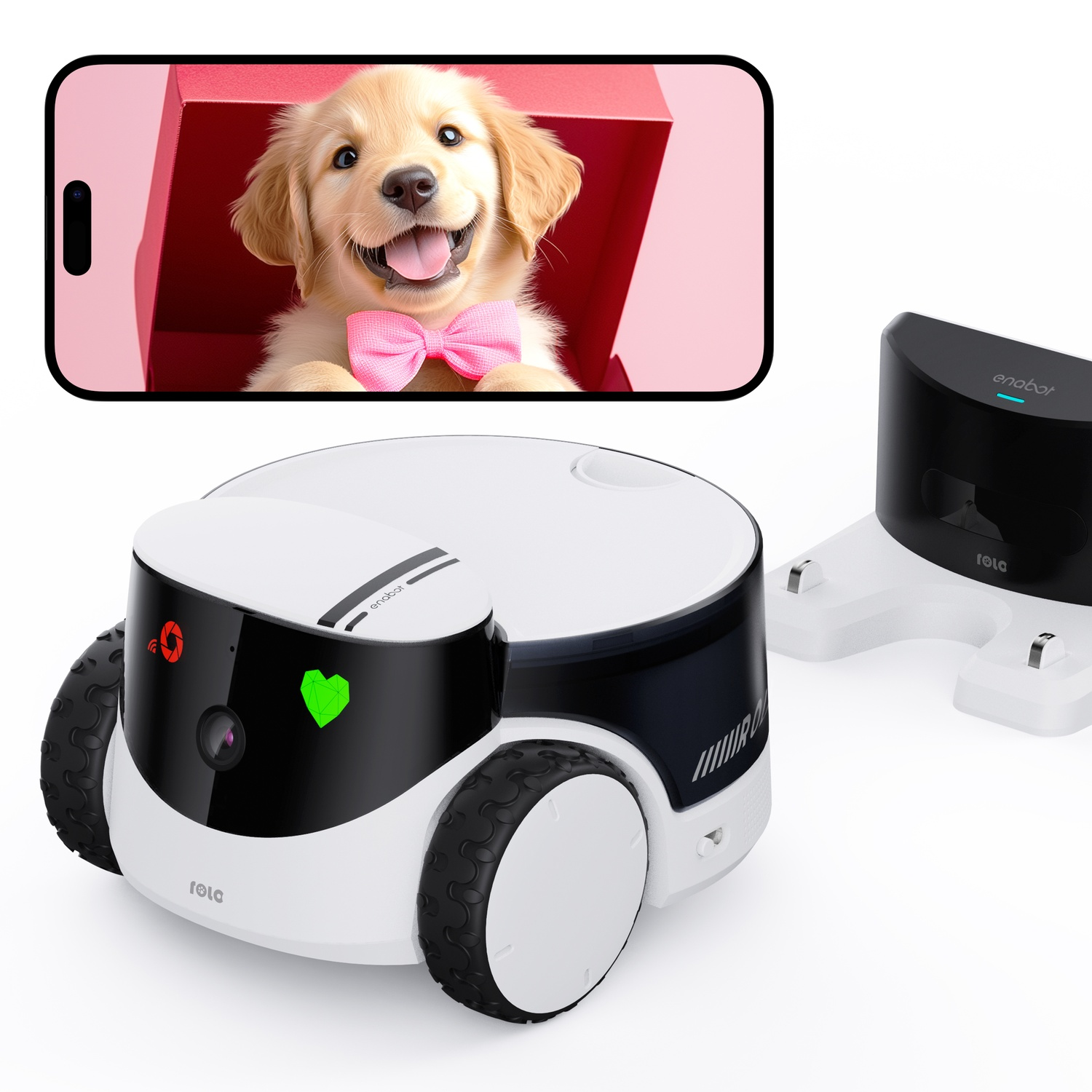 Robot giocattolo con telefono che mostra immagine di cane, con sfondo.