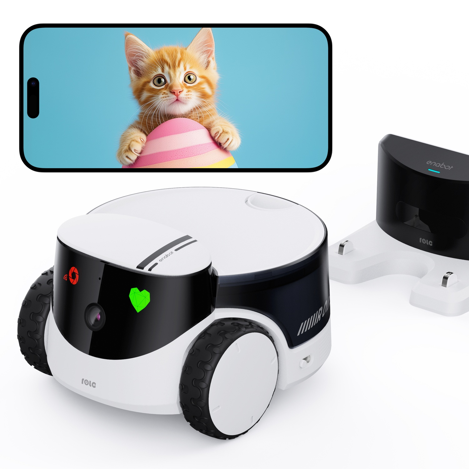 Robot con schermo del telefono che mostra un gatto con un uovo di Pasqua. Sfondo blu.