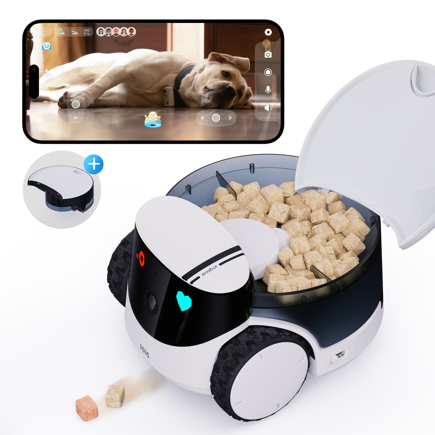 Robot con schermo del telefono che mostra un cane. Il robot eroga cibo per cani.