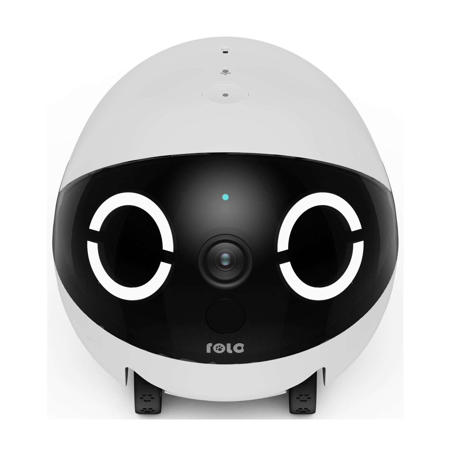 Robot con un design bianco e nero. Mostra la parte anteriore del robot.