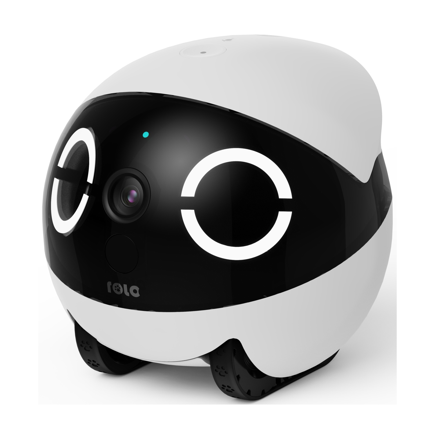 Robot con un design bianco e nero. Mostra il lato del robot.
