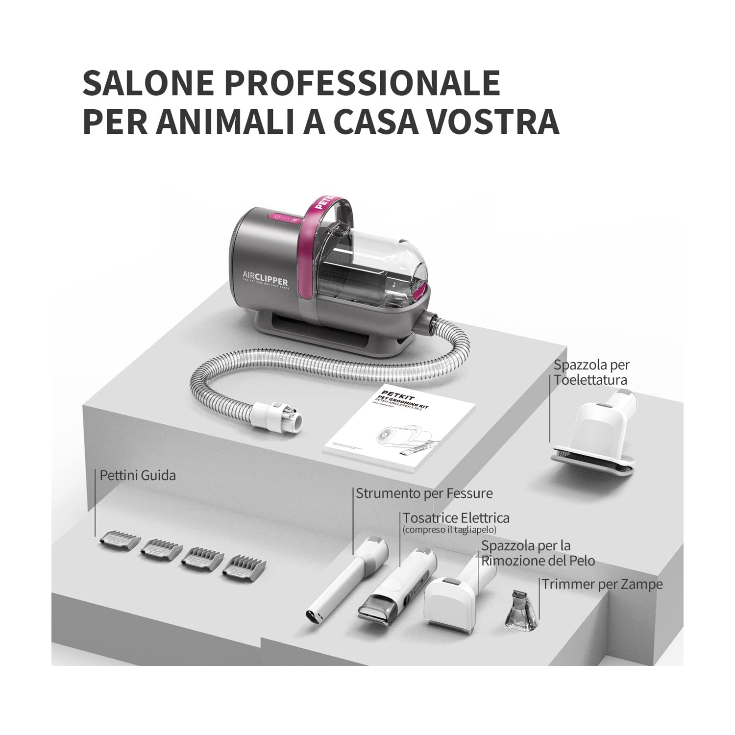Un kit per la toelettatura con strumenti e componenti etichettati, tra cui un tagliacapelli e una spazzola.