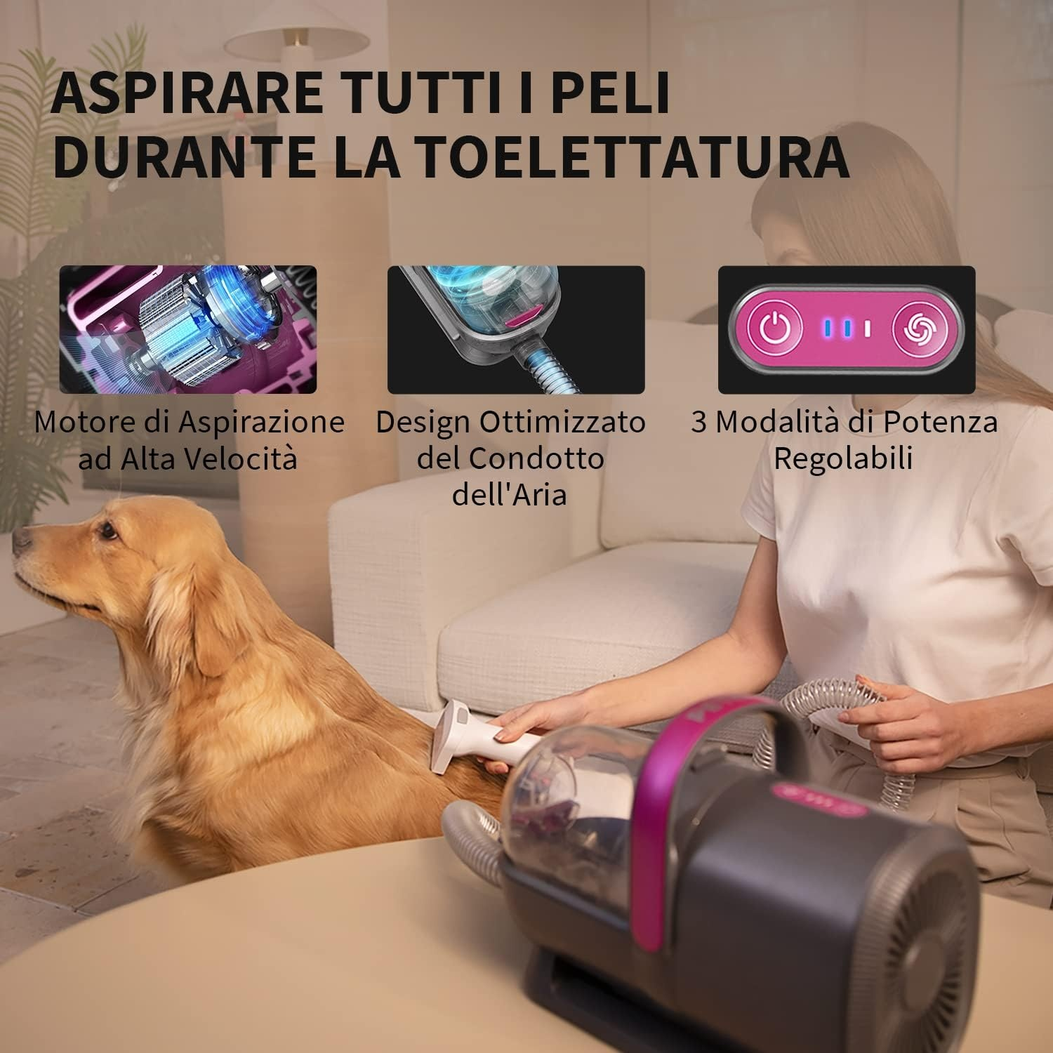 Un'immagine che mostra le funzioni di un Airclipper e una persona che lo usa su un cane.