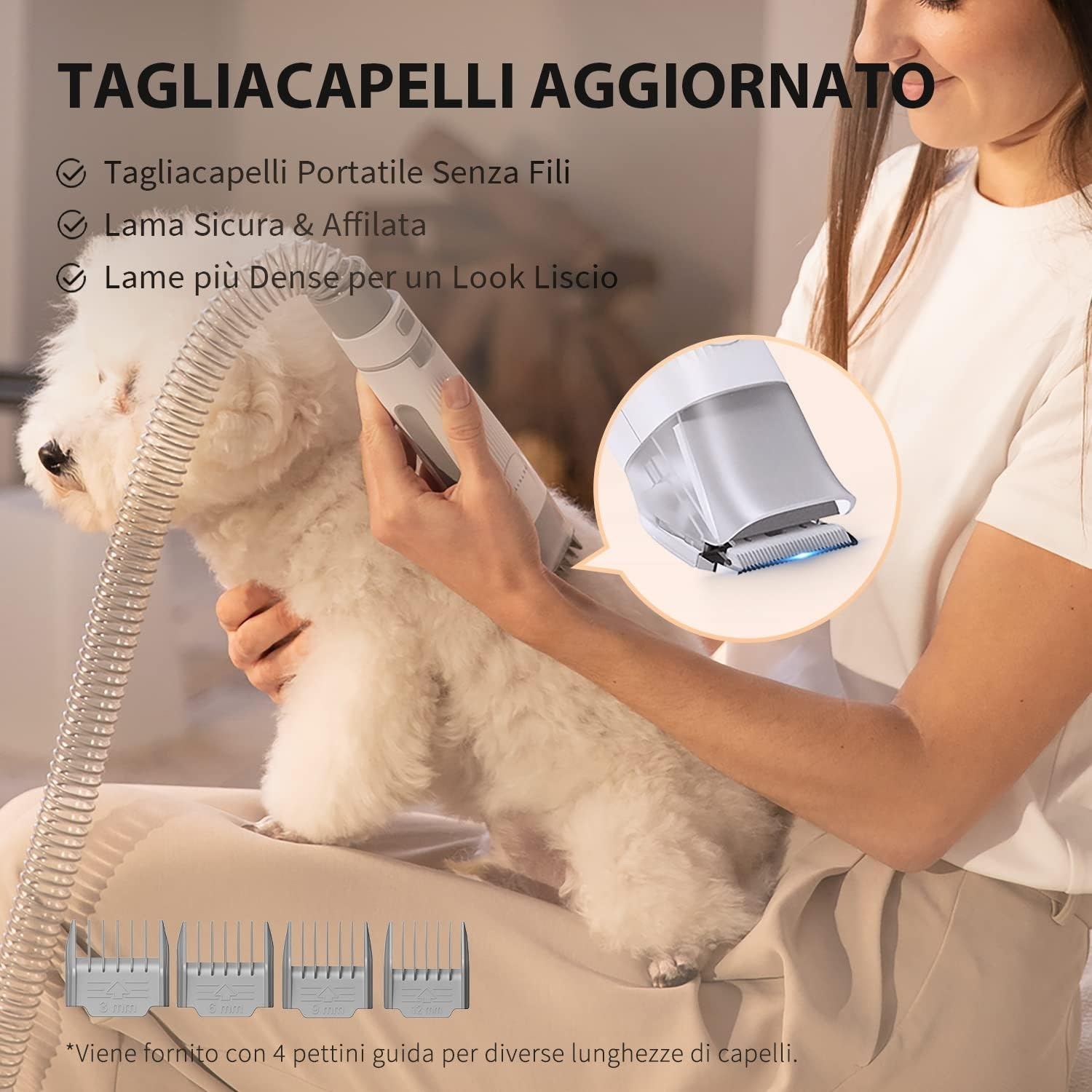 Una donna usa un tagliacapelli senza fili per toelettare un cane, con diversi pettini guida e un accessorio per l'aspirapolvere.