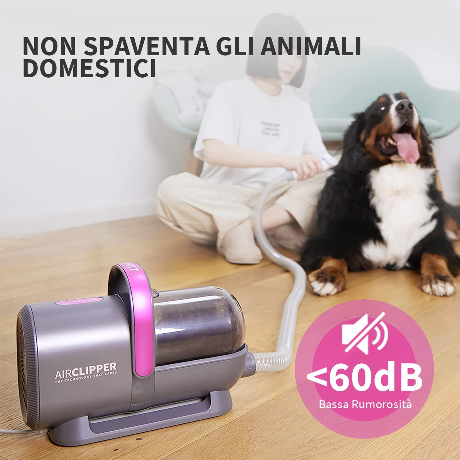 Un'immagine della macchina Airclipper, con un cane e una donna sullo sfondo, e il testo '<lt/>60dB Basso rumore'.