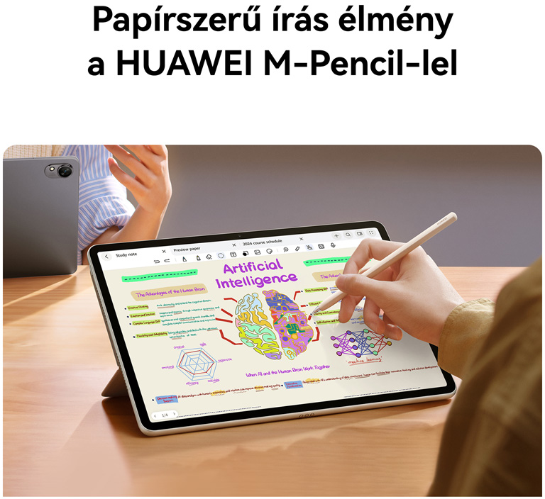 Tablet ceruzával a képernyőn, részletes diagrammal és szöveggel, kéz ceruzát tart.