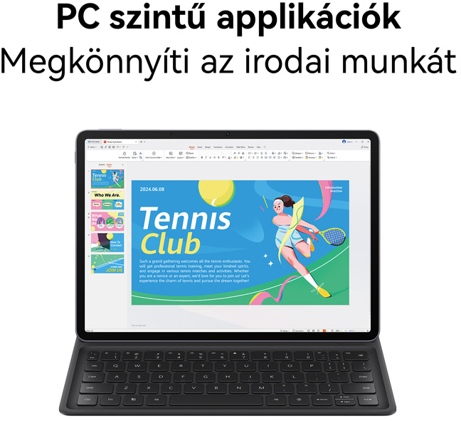 Tablet billentyűzeten, prezentációt mutat, fehér háttér előtt.