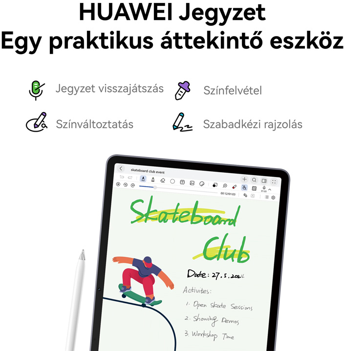 Tablet egy jegyzettel. Szöveg: Skateboard Club. Korcsolyázó rajza. Toll a tablet mellett. Fehér háttér.