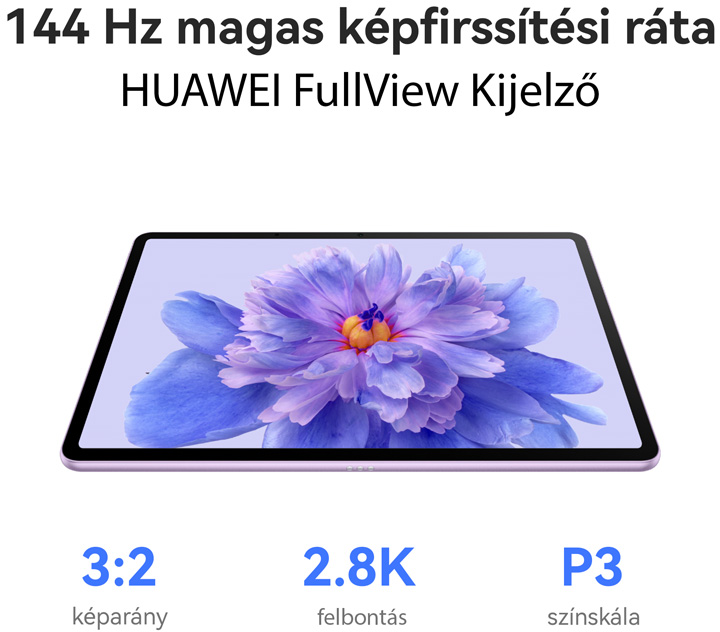 A tablet képernyője egy lila virágot mutat. A tabletet magyar nyelvű szöveg veszi körül.