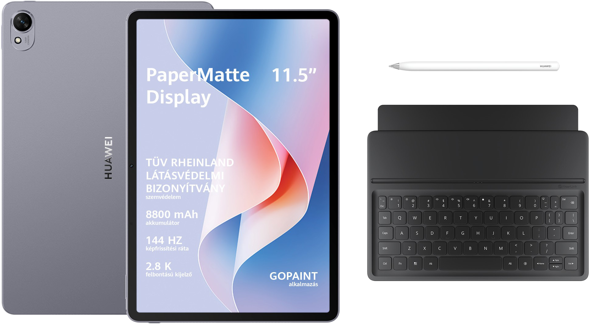 Egy szürke tablet, billentyűzet és toll látható. A tablet képernyőjén a szöveg: 'PaperMatte Display'. Huawei logó alul.