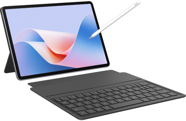 Tablet ceruzával és billentyűzet tokkal, fehér háttéren.