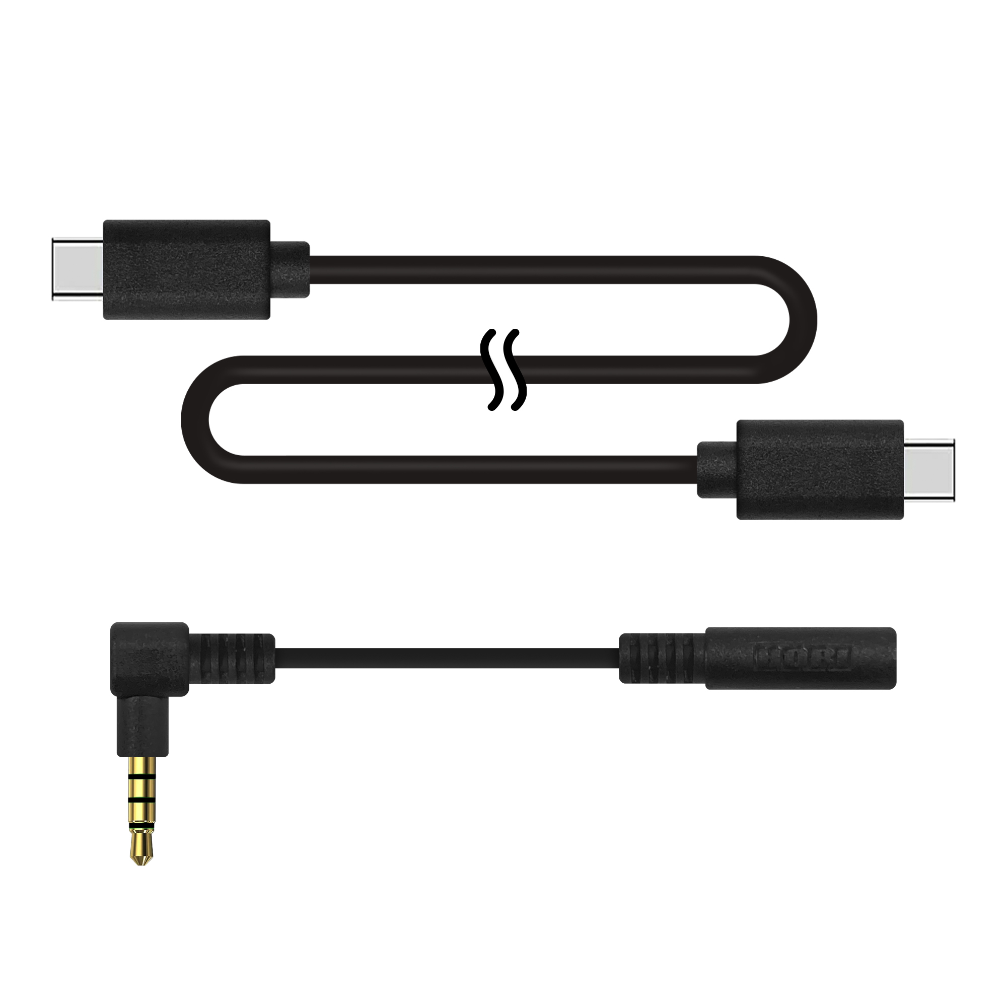 Siyah USB-C ve 3,5 mm ses kabloları, bir USB-C ve 3,5 mm açılı konektör ile.