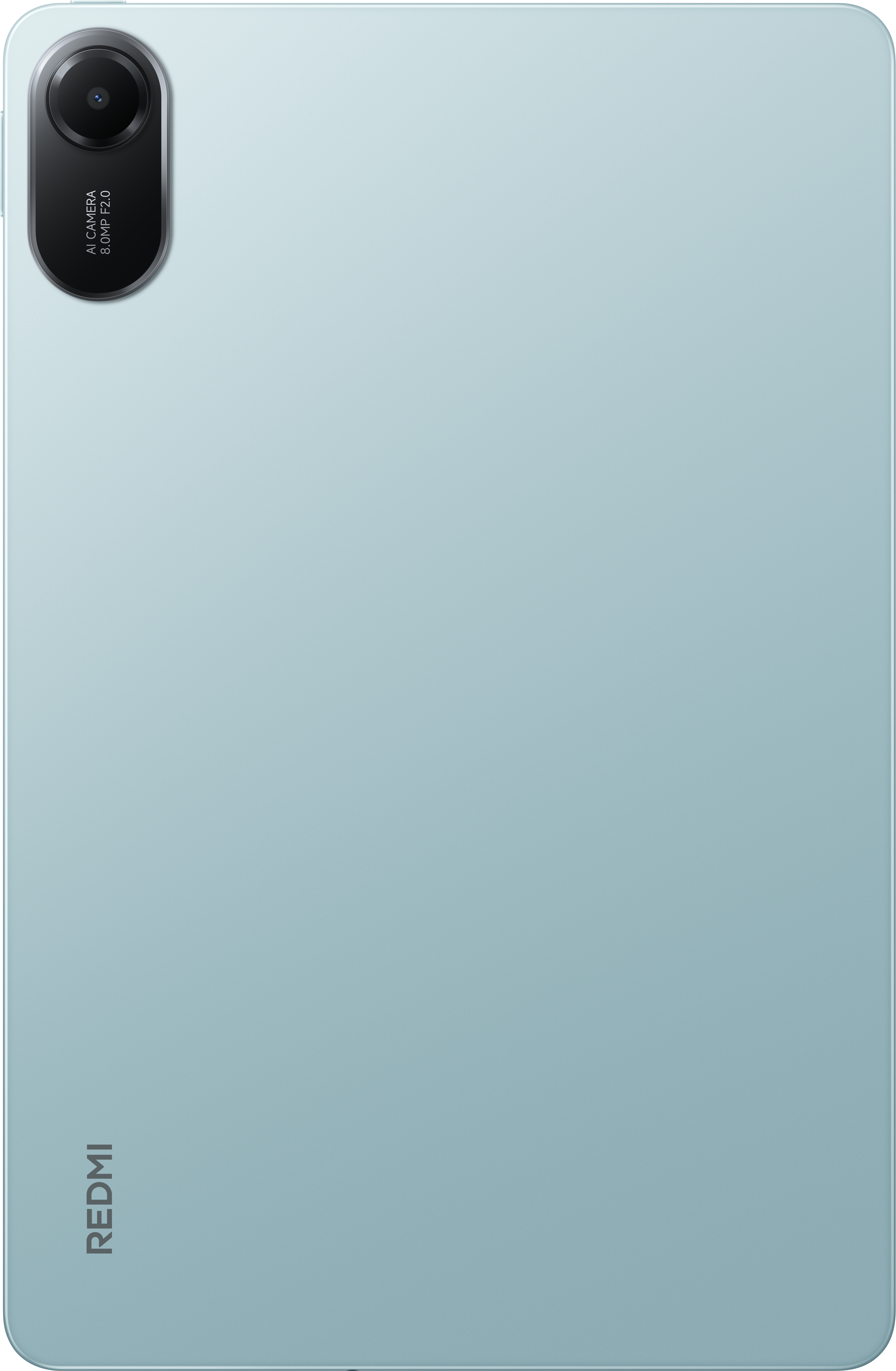 Tablet-Rückseite, hellblau. Kameralinse oben links. Redmi-Logo. Weißer Hintergrund.