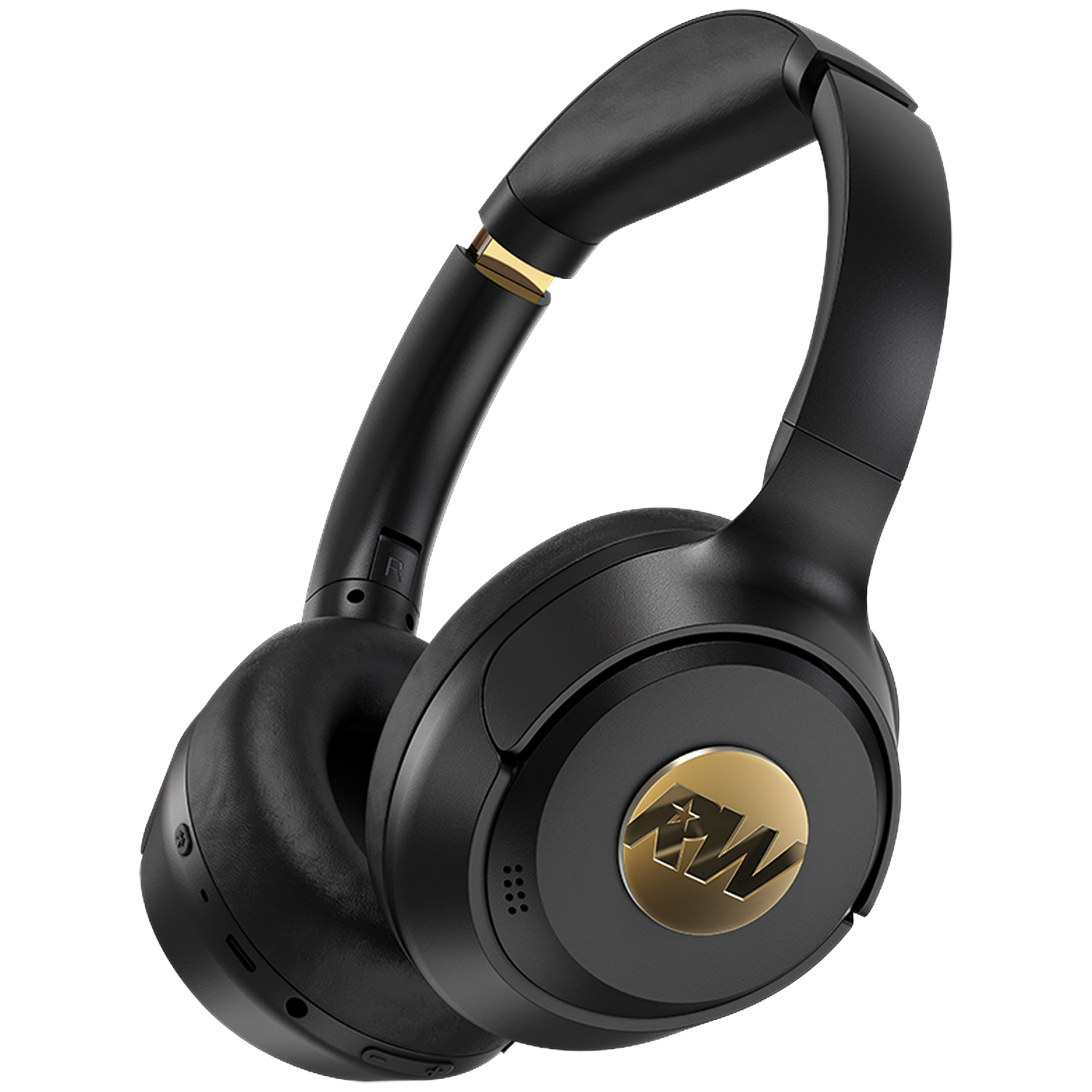 Zwarte koptelefoon met gouden accenten en logo. Oorschelpen zijn rond. De hoofdband is gebogen. De achtergrond is wit.