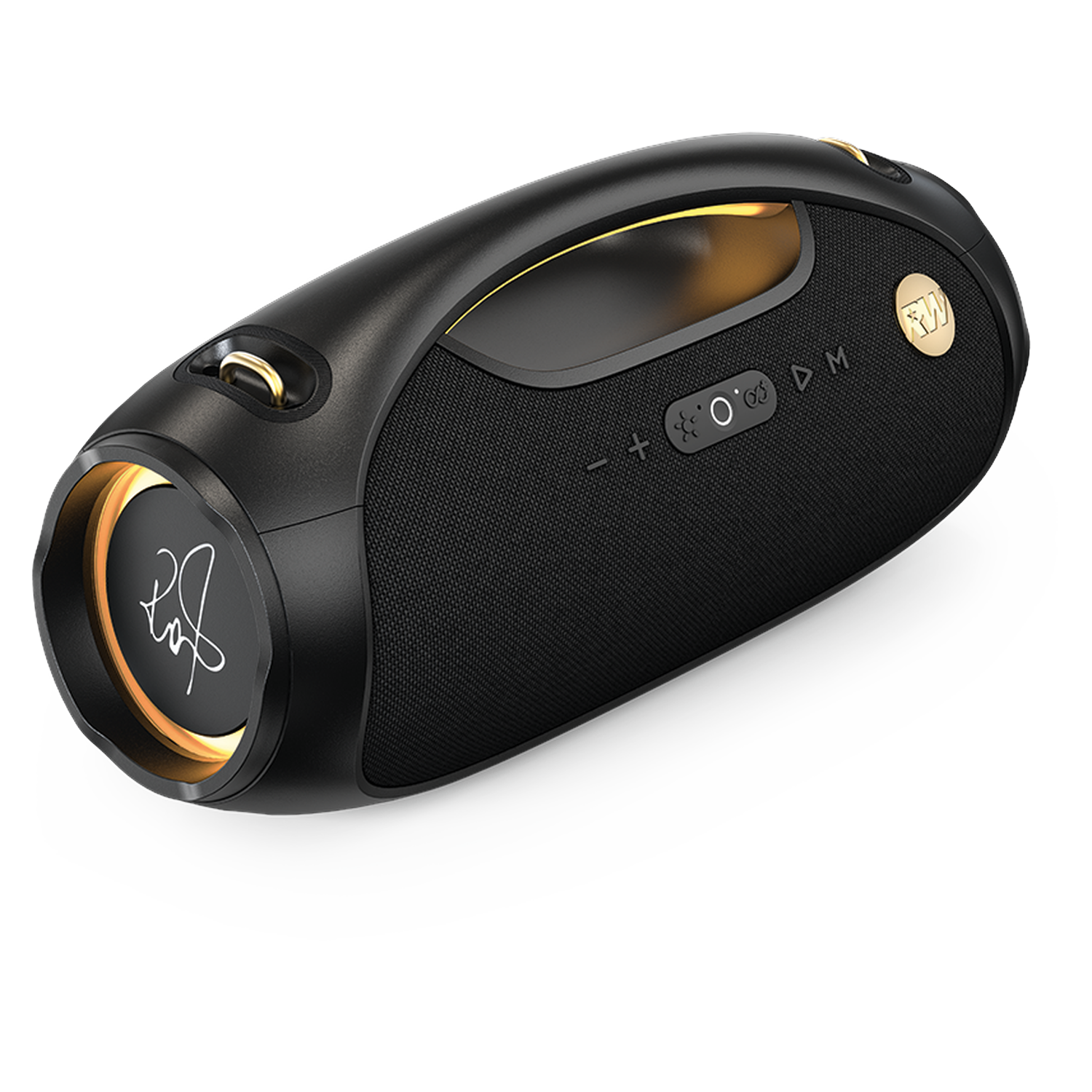 Een zwarte en gouden luidspreker met een handvat. Het heeft een mesh voorkant, volumeknoppen en een logo.