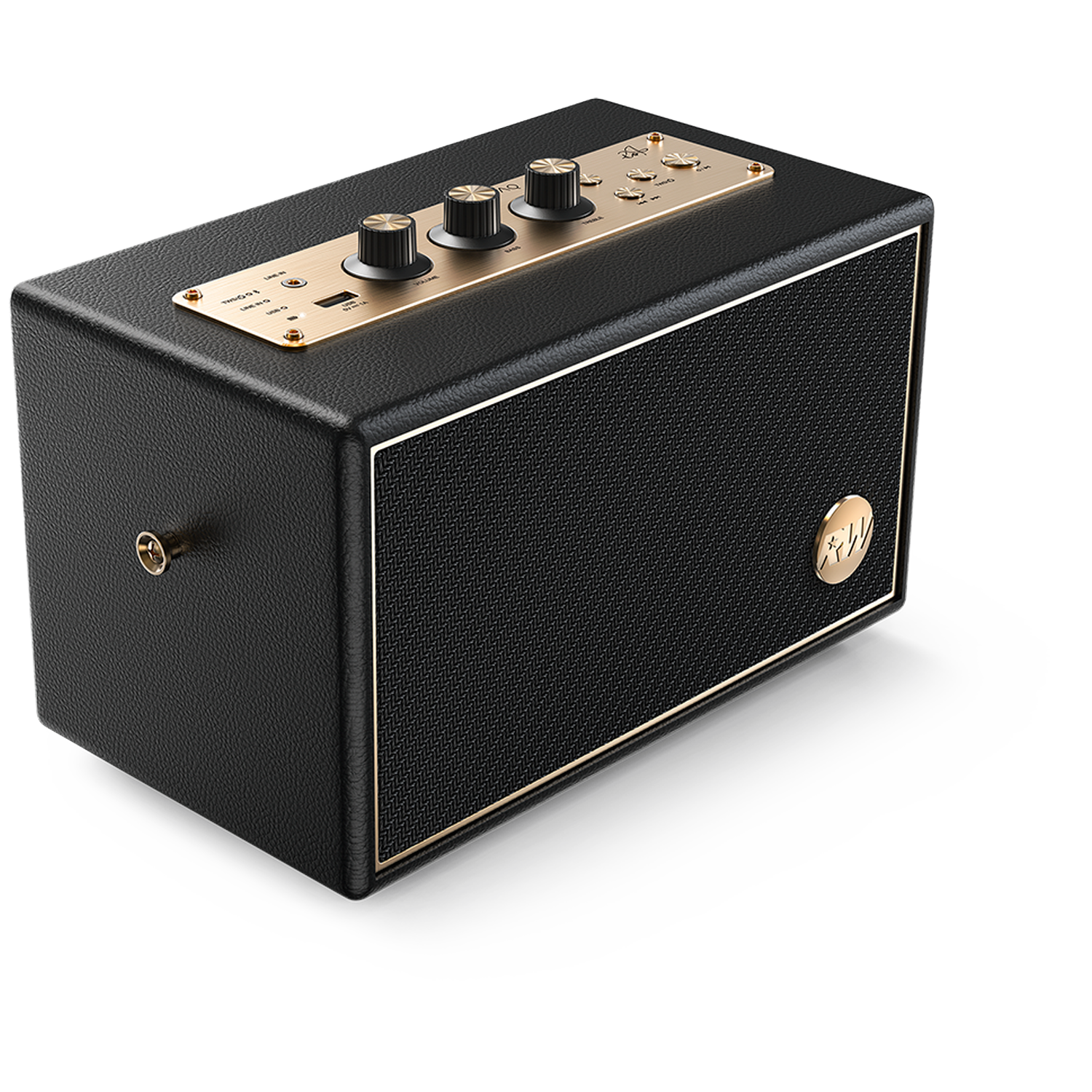 Zwarte rechthoekige luidspreker met gouden accenten, knoppen en een mesh voorkant. Een gouden logo staat op de luidspreker.