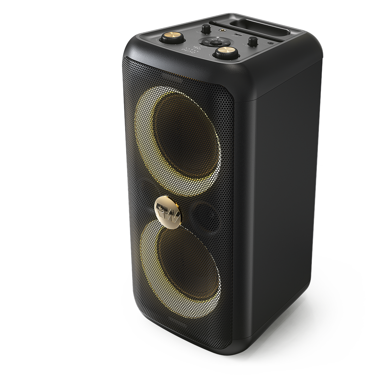 Zwarte luidspreker met gouden accenten. Het heeft twee luidsprekerhoezen met geel licht en een gouden logo. De bovenkant heeft bedieningselementen.