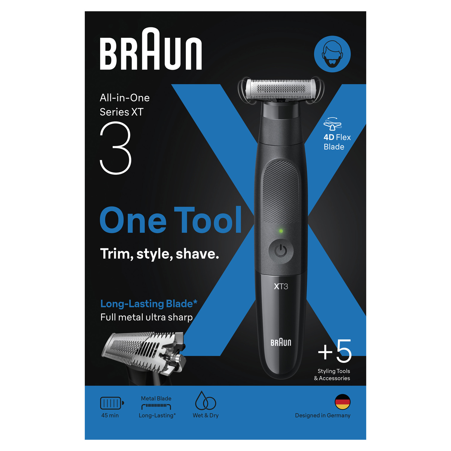 Braun Series XT3 product packaging with a black razor and blue graphic elements. Text: One Tool.