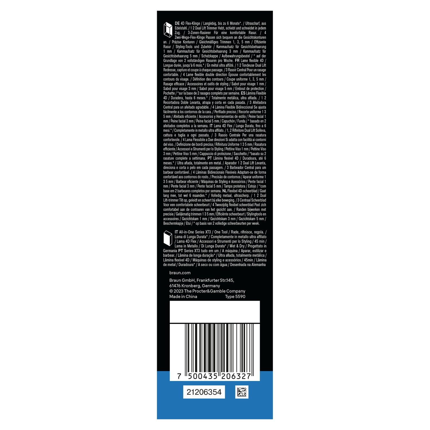 Close-up of a product description in multiple languages with a barcode. White background.