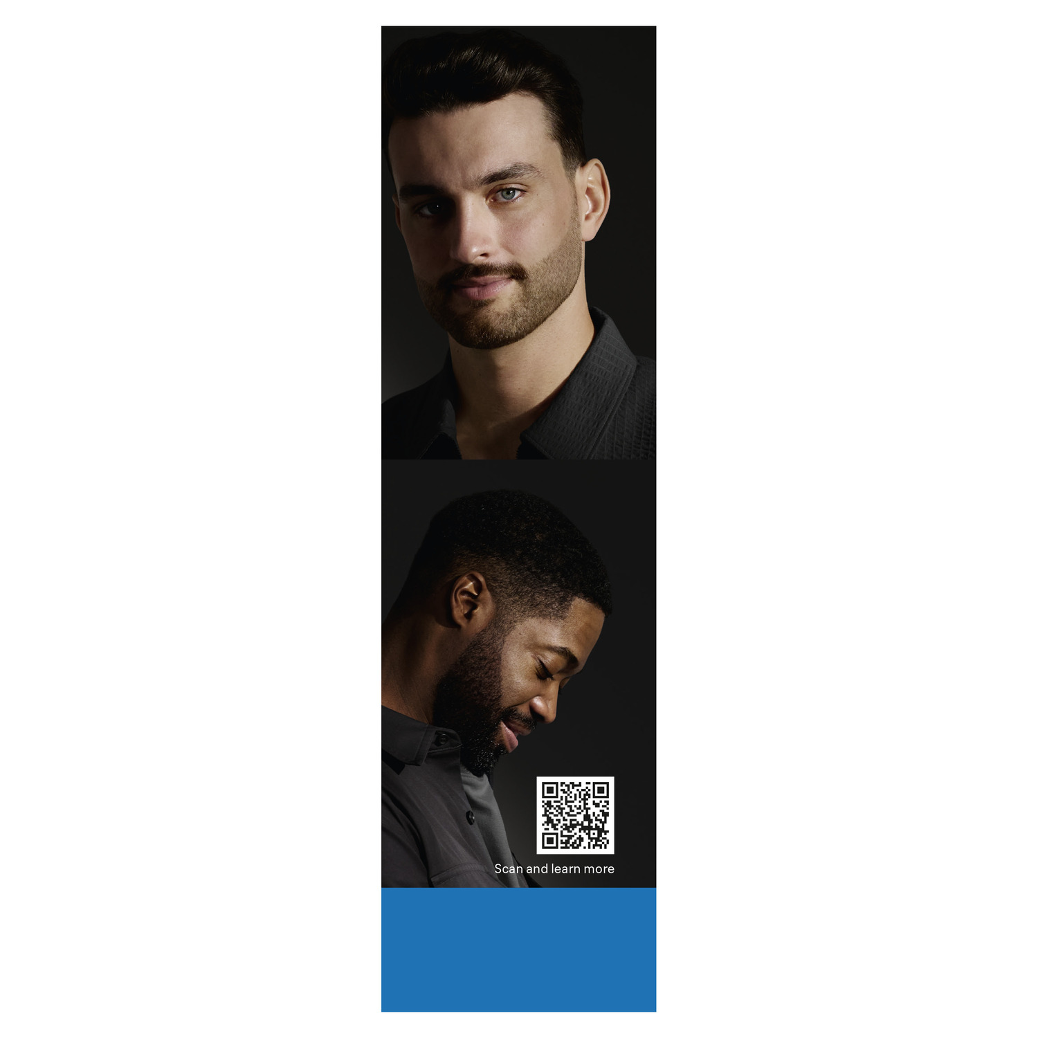 Two men's faces and a QR code on a white background with blue bottom.