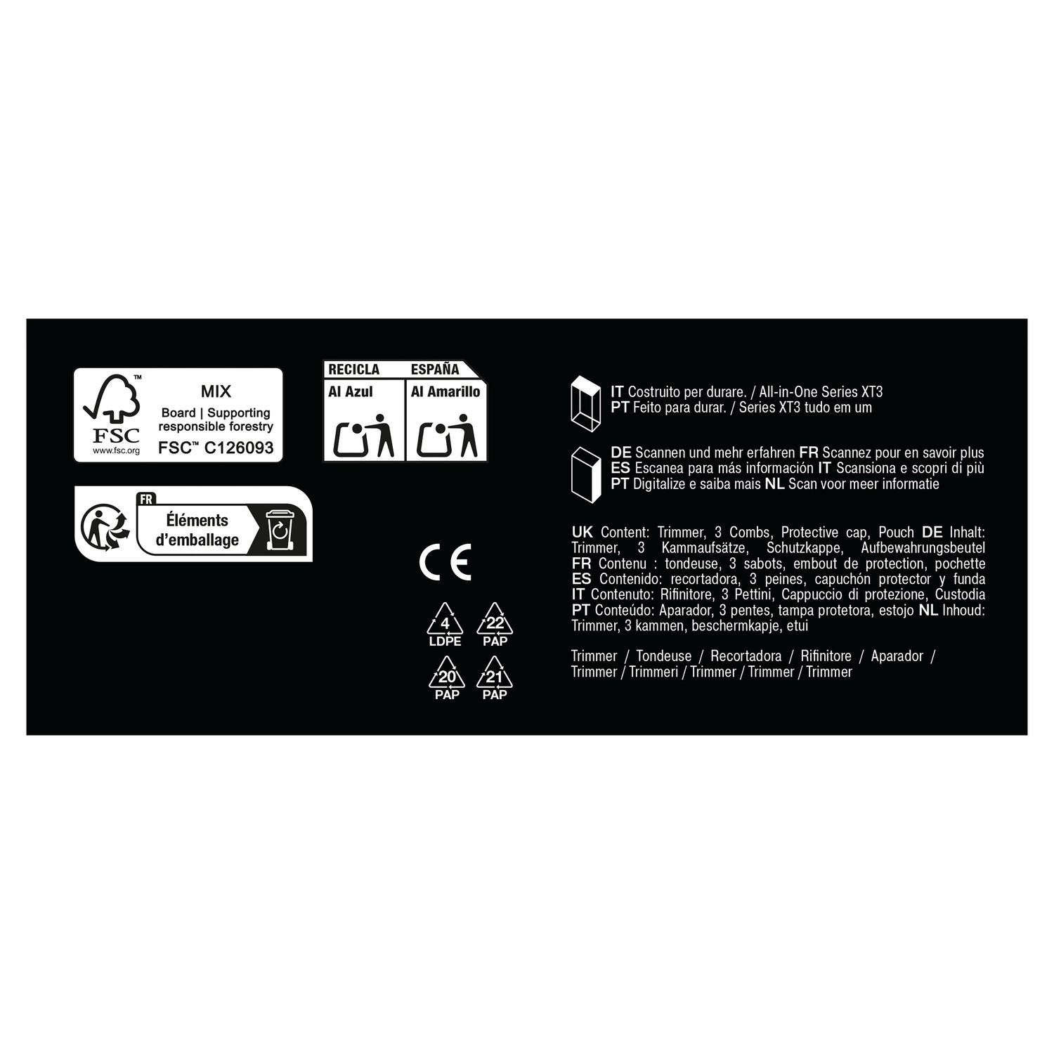 Information sheet. Text in multiple languages. Symbols for recycling and eco-friendly practices.