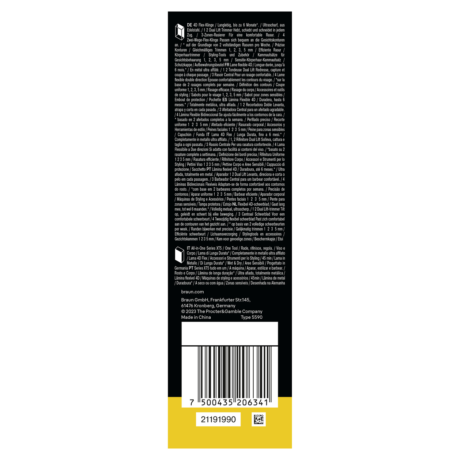L'arrière d'une boîte de rasoir avec texte et code-barres. Comprend des informations sur le produit, la marque et des avertissements en plusieurs langues.