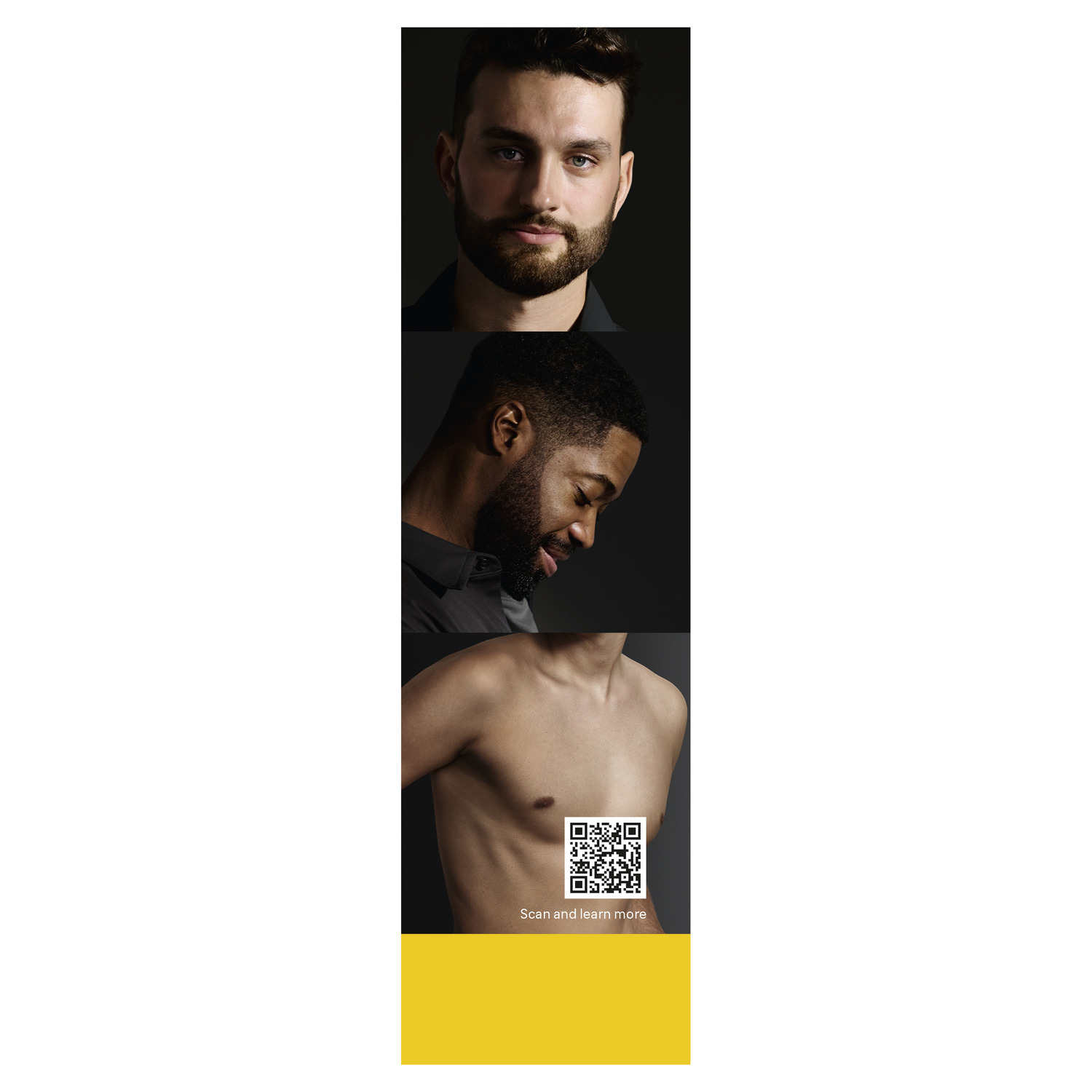 Image verticale de trois hommes. En haut : homme avec barbe. Milieu : homme regardant en bas. En bas : torse avec code QR.