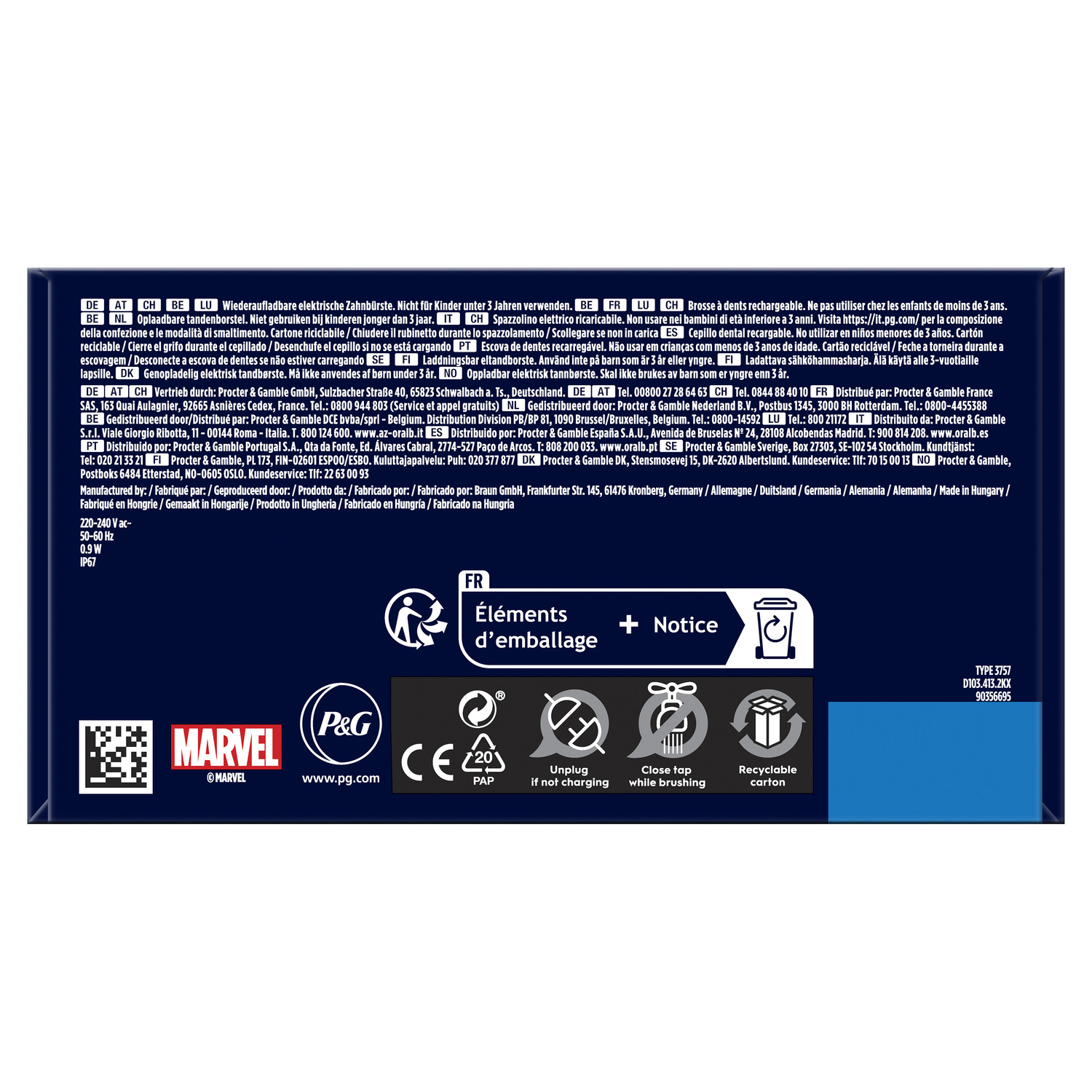 L'arrière d'une boîte de rasoir. Avec des logos Marvel, P&G et des symboles de recyclage, ainsi que du texte en plusieurs langues.