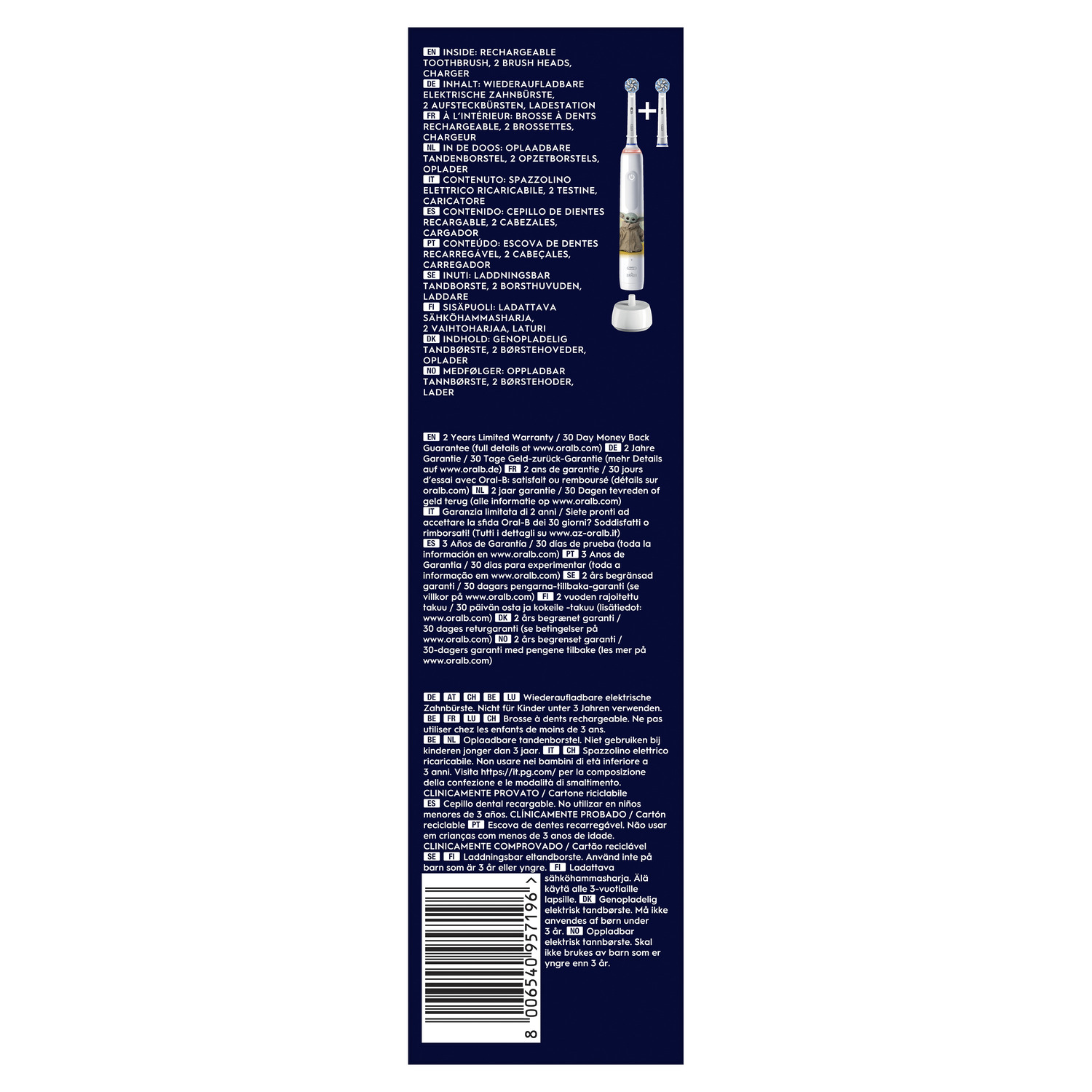 Dos de la boîte de brosse à dents Oral-B avec texte en plusieurs langues.