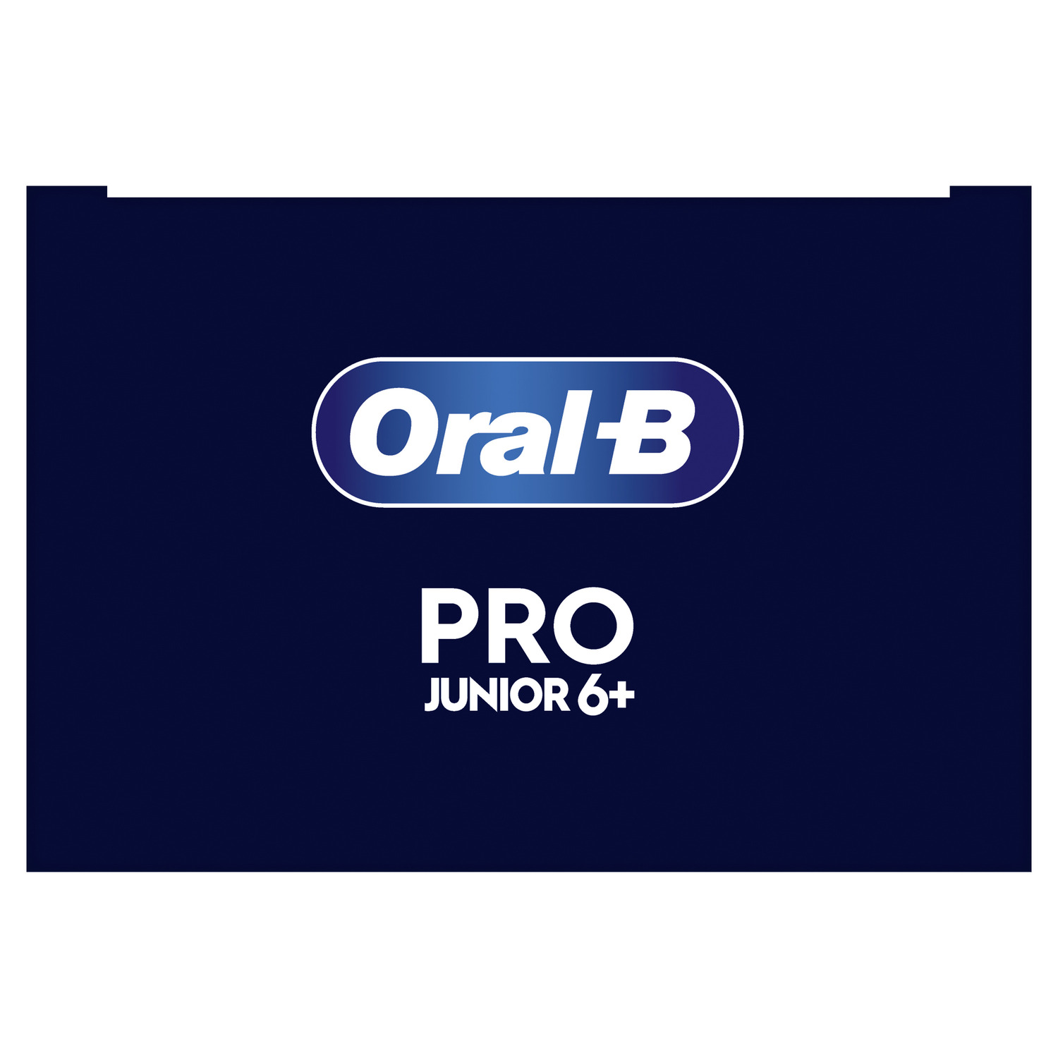 Fond bleu foncé avec le logo Oral-B et le texte PRO JUNIOR 6+ en blanc.