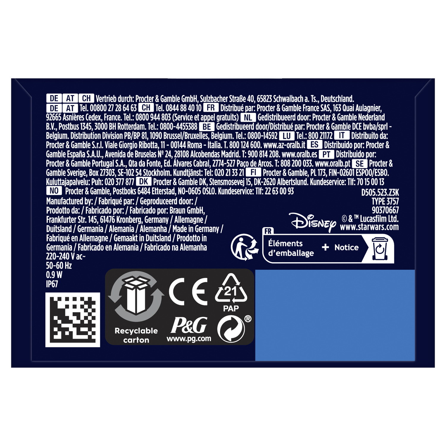 Dos d'une boîte avec des informations sur le produit et le recyclage.