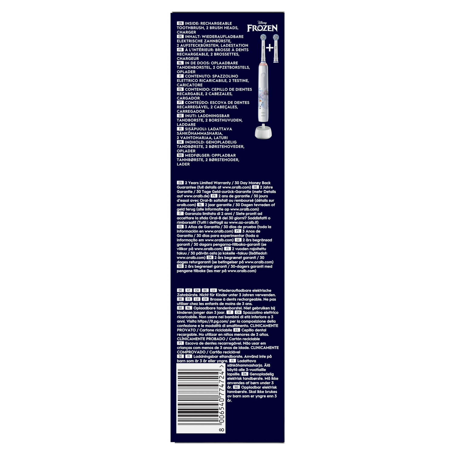 Toothbrush package with text in several languages, and brush with a Disney logo.