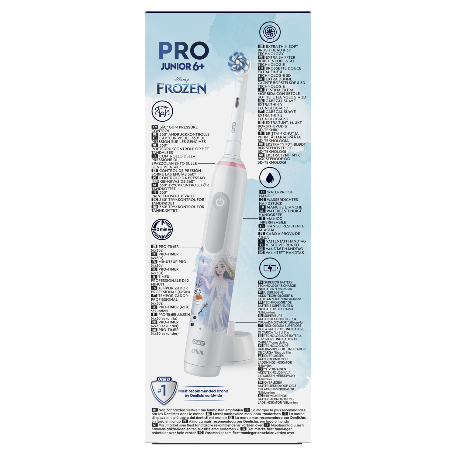 Oral-B Pro Junior 6+ toothbrush with a Disney Frozen design on a white background with details.