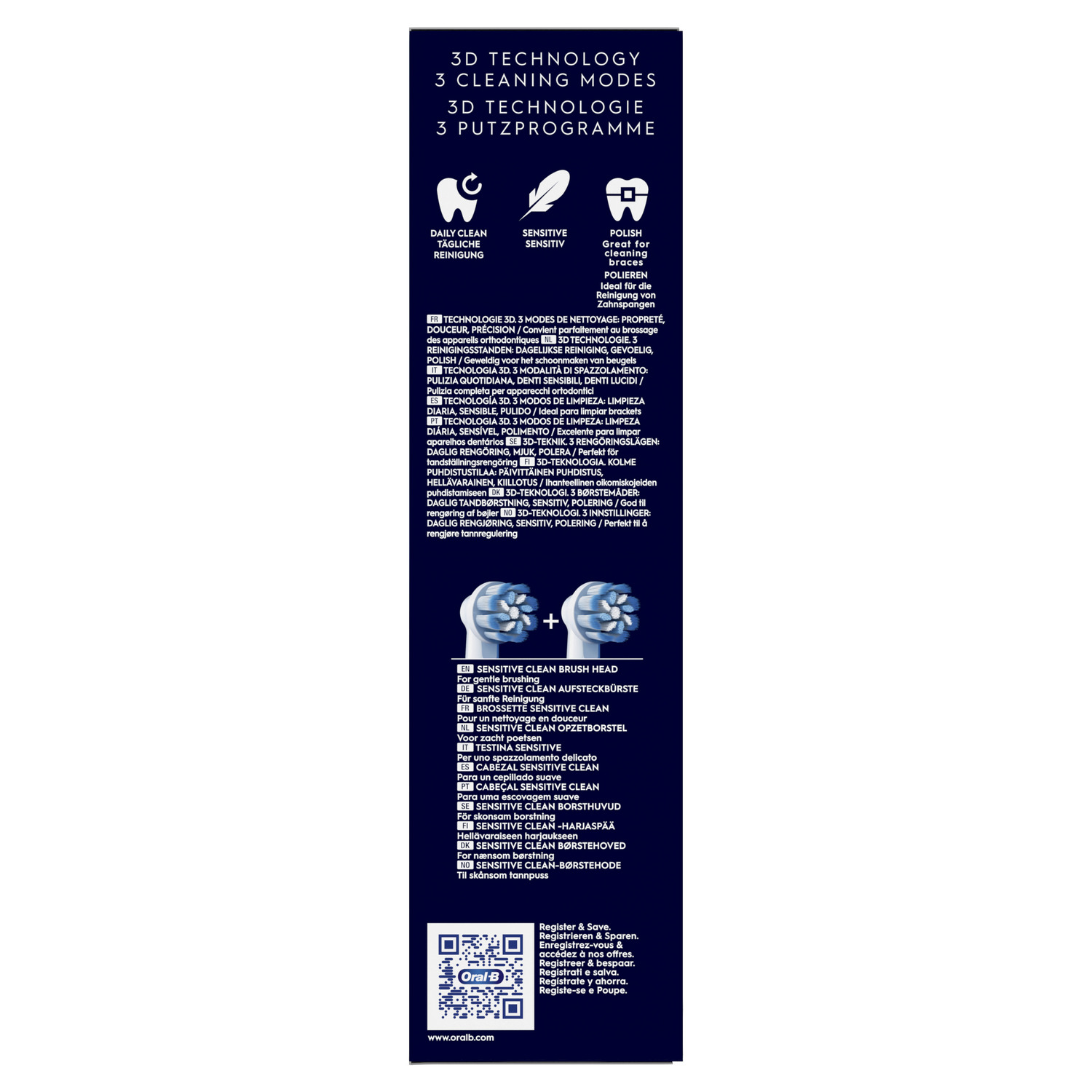 Oral-B toothbrush box, with 3D technology and cleaning modes details.