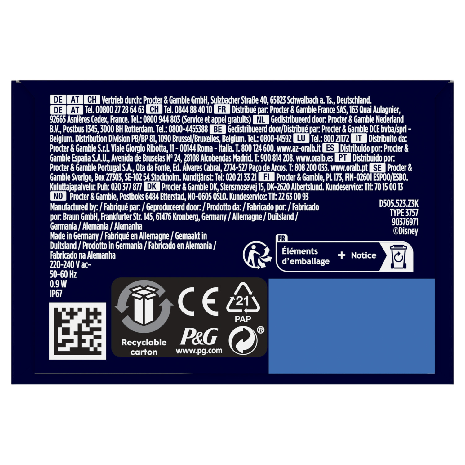 Product packaging with text, symbols, and information in multiple languages, including recycling symbols.