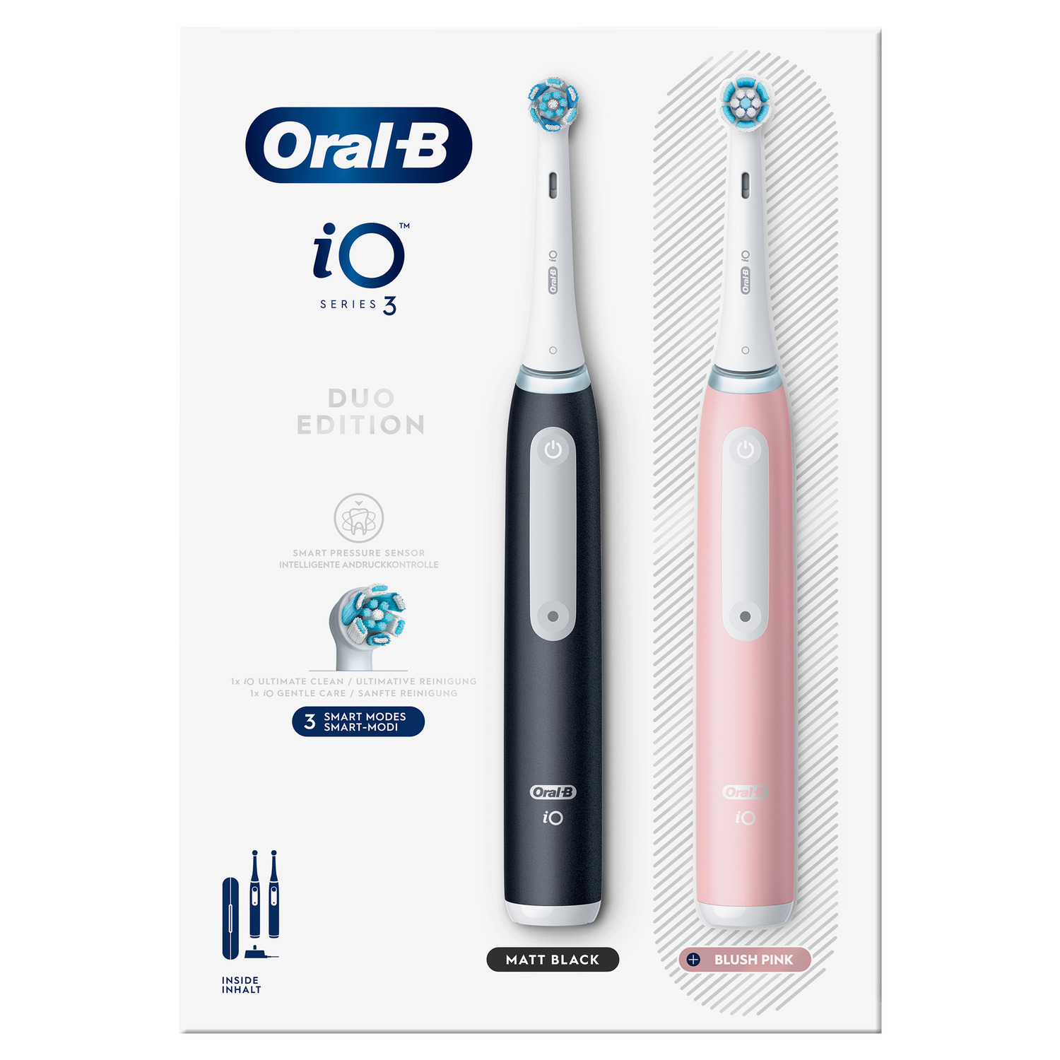 Oral-B iO Series 3 Duo Edition electric toothbrushes in black and pink.