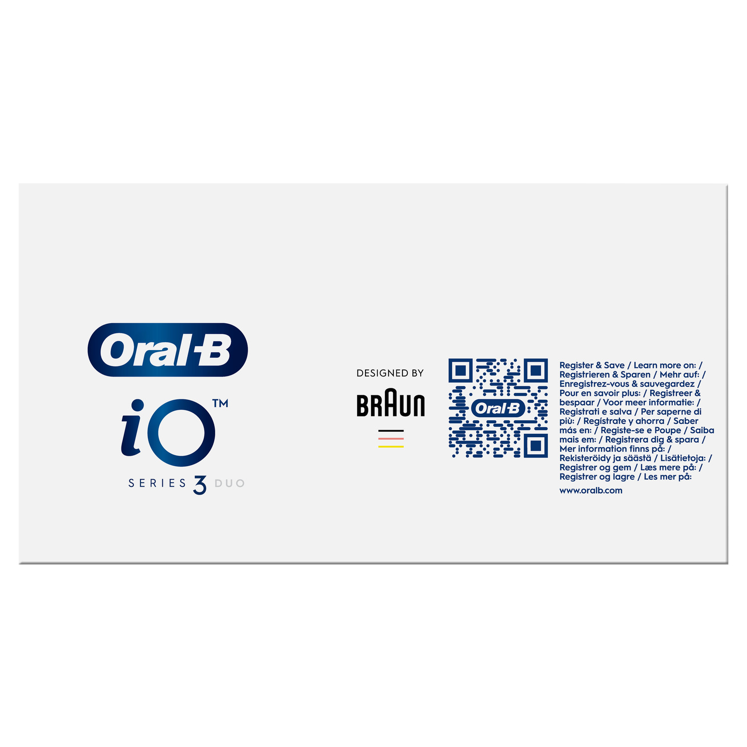 White card with Oral-B logo, Braun logo, and QR code with the text 'Register & Save' and website.