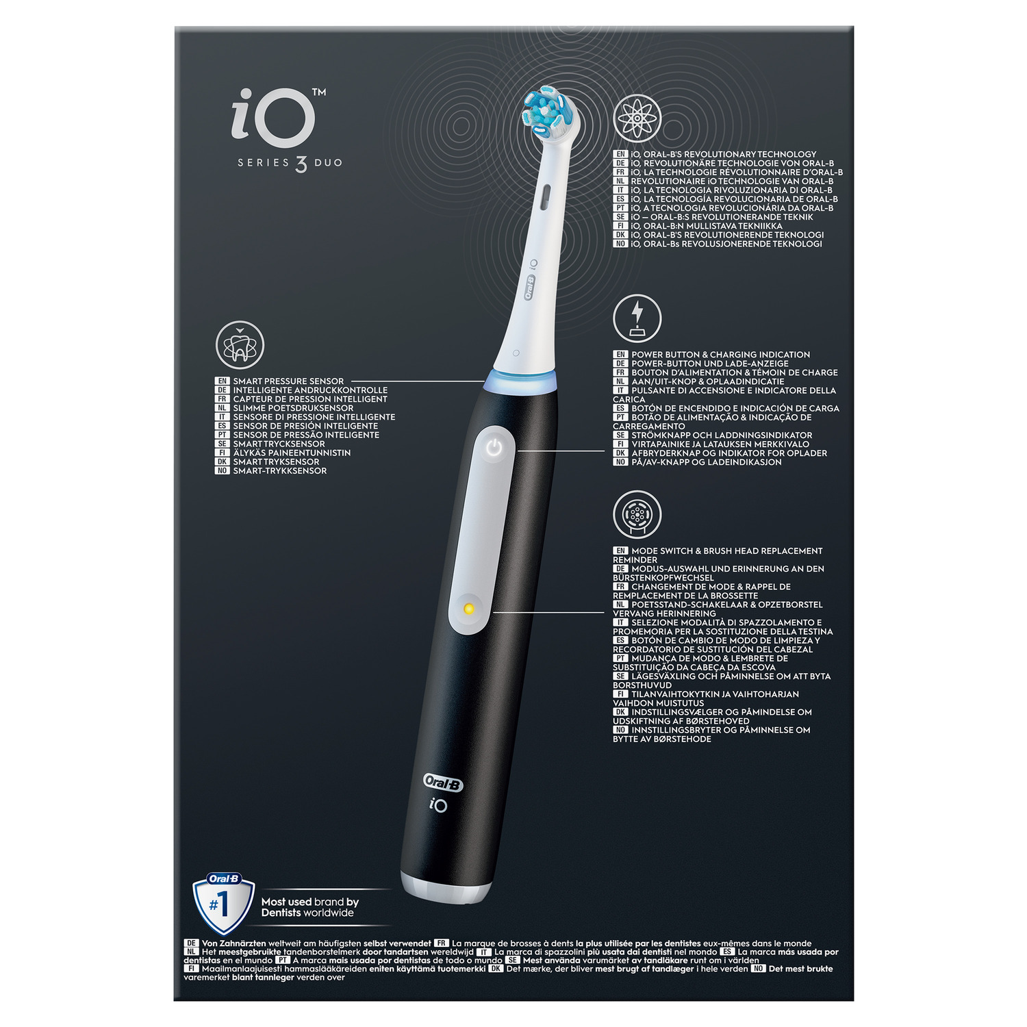 Oral-B iO Series 3 Duo toothbrush, black and white, with features and product information displayed.