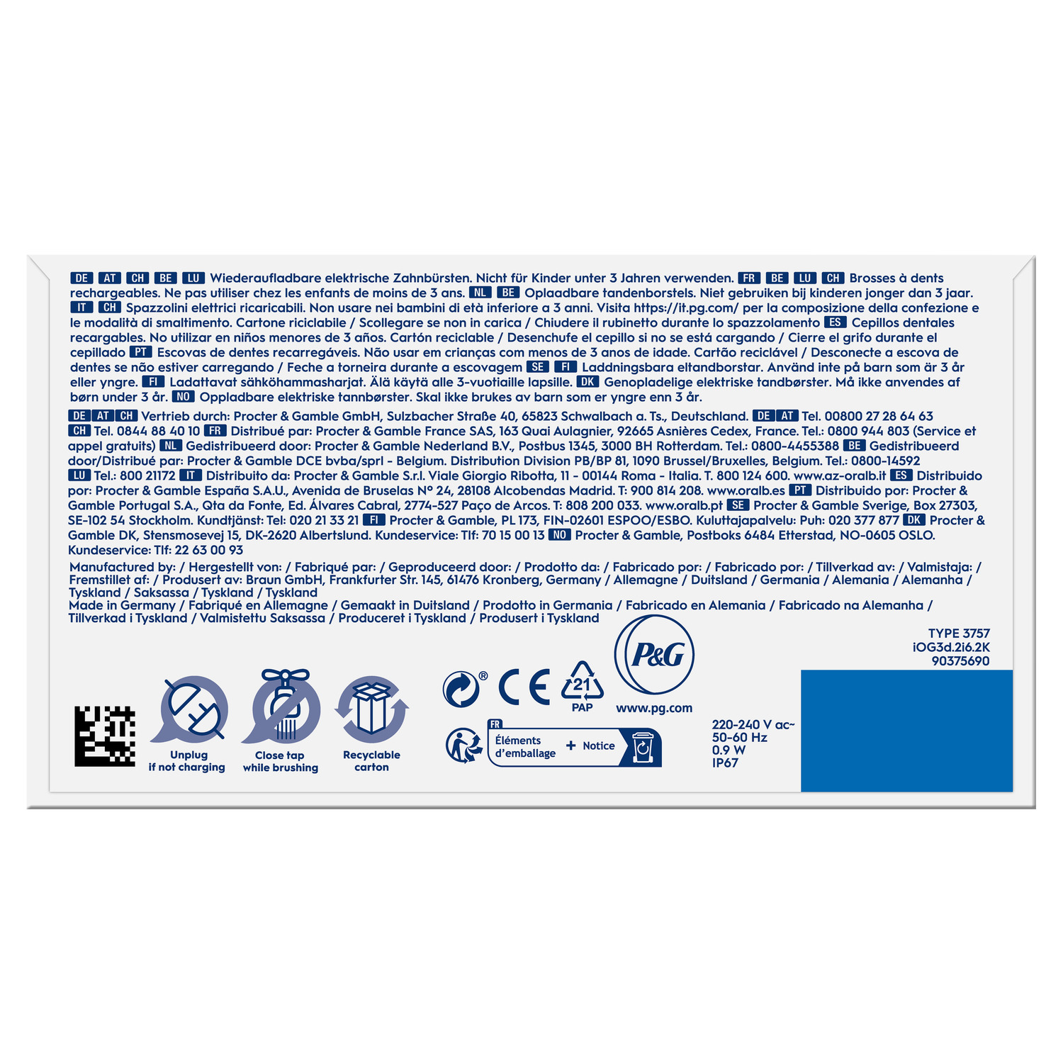 Package back with text in several languages and logos. Text: rechargeable toothbrushes.