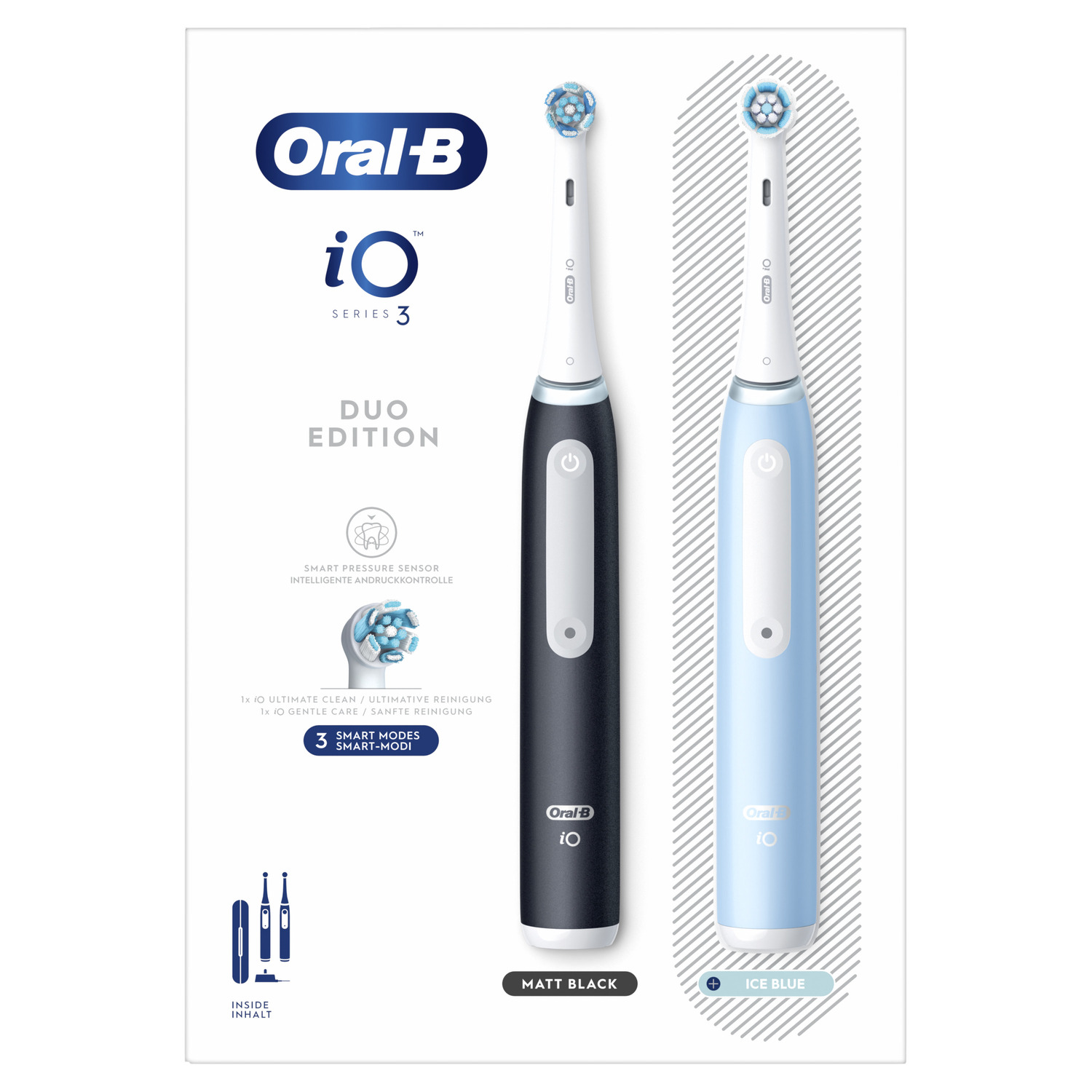 Two electric toothbrushes: black and ice blue. Both have Oral-B and iO branding.