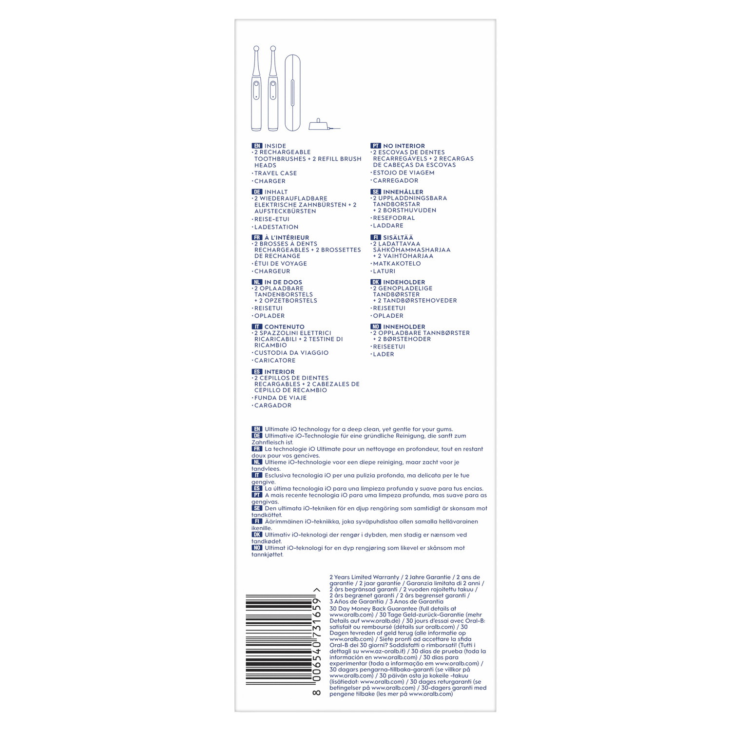 An Oral-B toothbrush packaging with a picture of the toothbrush and text in multiple languages.