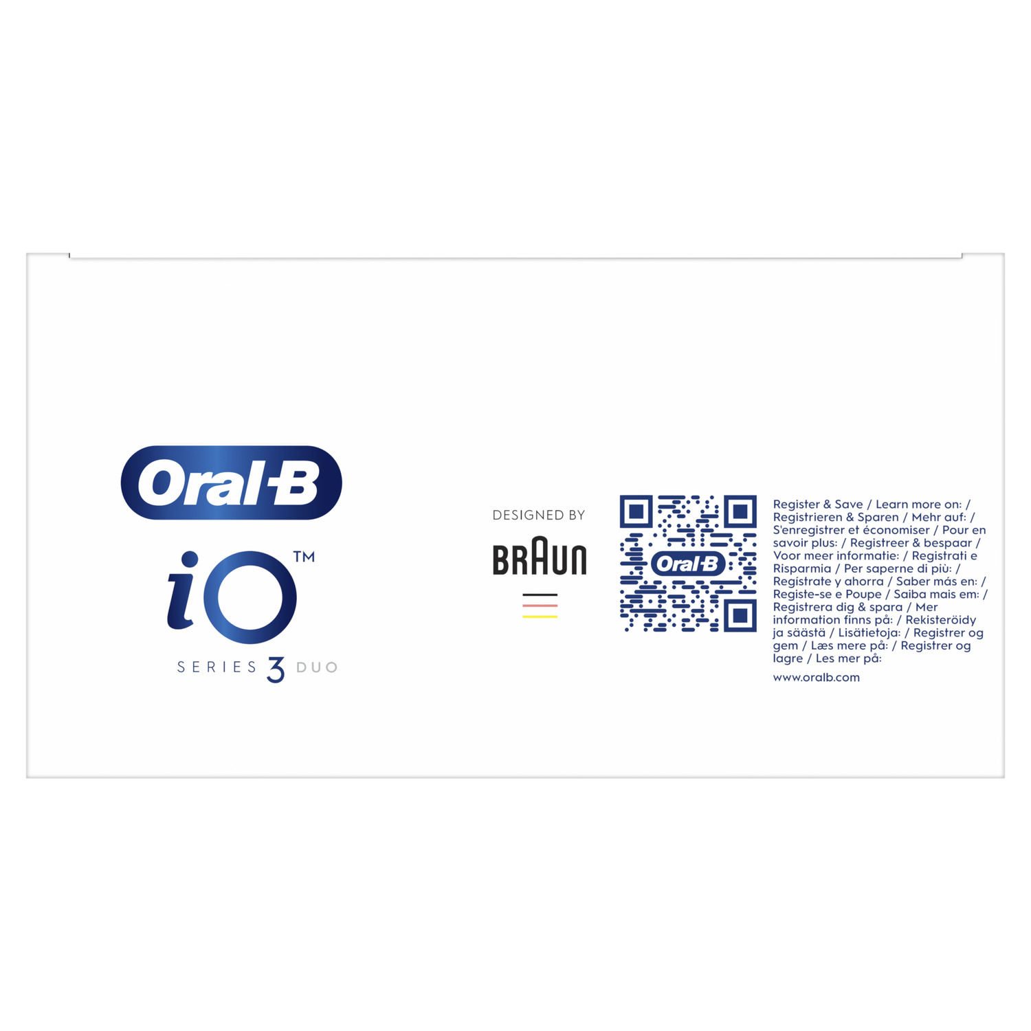 White card with Oral-B and Braun logos, a QR code, and 'Register & Save' with website information.