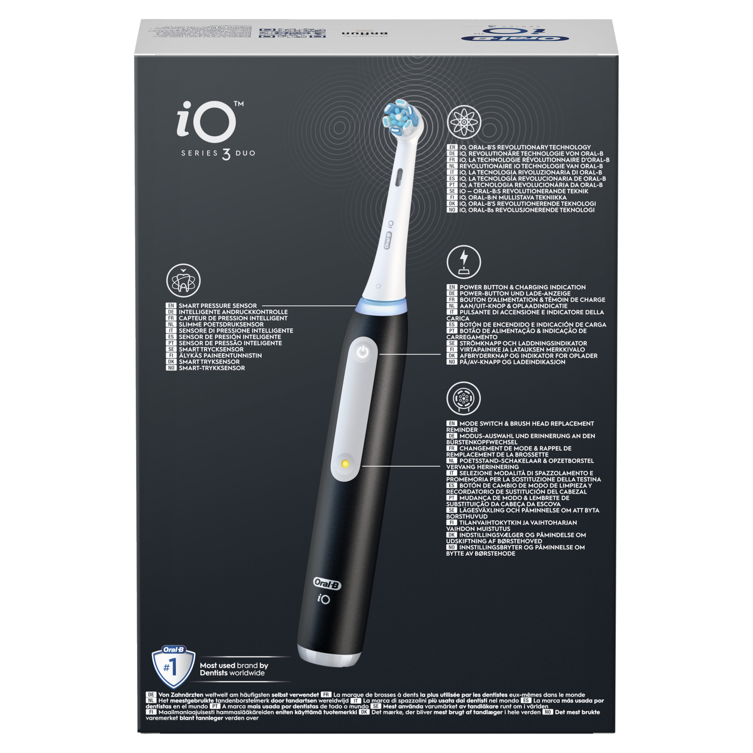 Black Oral-B iO Series 3 electric toothbrush with a charging indicator.