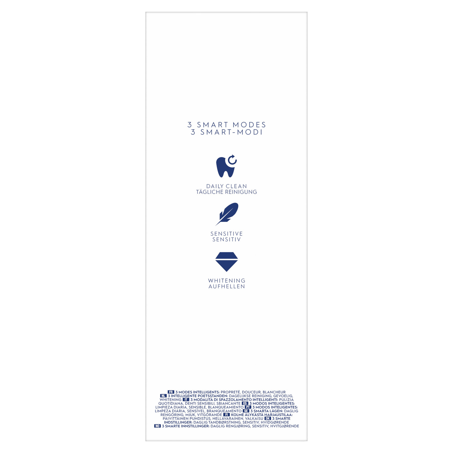 White background with the text '3 SMART MODES' and the icons for daily clean, sensitive, and whitening.