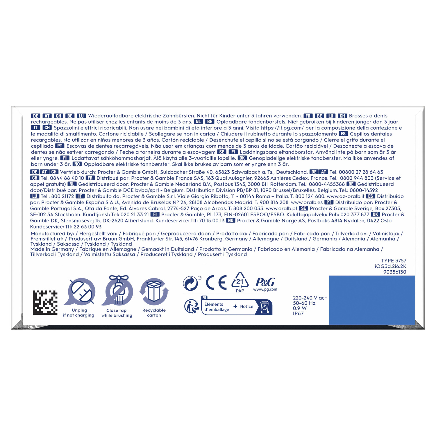 A white box with text in various languages. Contains information about an electric toothbrush.