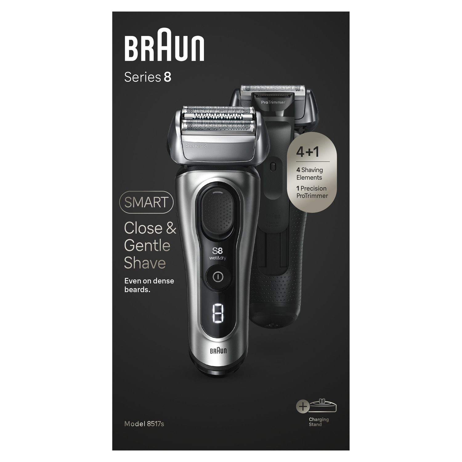Braun Series 8 scheerapparaat. Een zilver en zwart scheerapparaat wordt getoond met een oplaadstandaard.